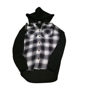 No Boundaries Black and White Button Up Hooded Shirt